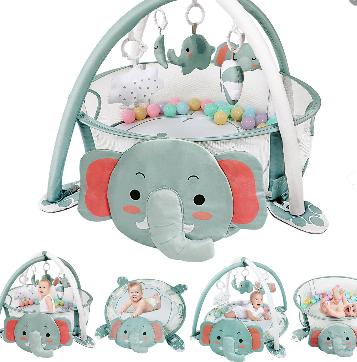 4-in-1 Baby Play Mat Baby Gym,Tummy Time Mat for Floor Activity Gym Ball Pit Including 30 Balls with 5 Infant Learning Sensory Baby Toys for Newborn Toddler Boy & Girl Gifts(Elephant)