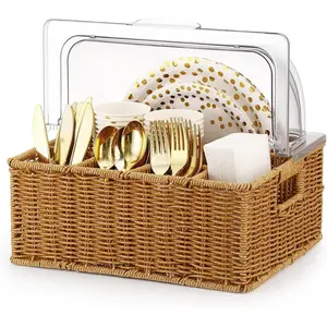 Sliner Large Wicker Silverware Organizer with Acrylic Cover 6 Compartment Utensil Holder for Kitchen Counter Outdoor Patio Plates and Napkins Holder Wicker Paper Plate Dispenser with Lid