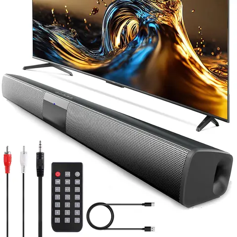 DAZONE Bluetooth Soundbar Speaker with 4 Horns, TV Soundbars for Smart TV, Bluetooth Speakers, Radio, USB, Push Button, 1x Remote Control, 1x Charging Cable, RCA Jack, Stereo Audio for Home Theater Surround Sound System