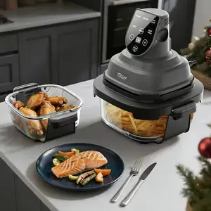 5-in-1 Non-Toxic Glass Air Fryer (1500W), 4-Quart Pot + Dust Cover and 6-Cup Glass Container + Sealing Lid Portable Smart Air Fryer with Silicone Pad, Freezer/Dishwasher Safe Kitchen Appliance