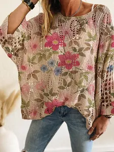 Women's Floral Print Long Sleeve Knit Top, Casual Elegance for Spring Summer, Loose Fit Batwing Shoulder, Vacation Style Knitwear