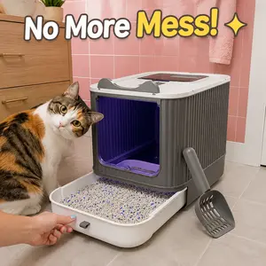 Sliding drawer cat litter box with built-in UV sterilization, fully enclosed to prevent splashes, spacious design; includes a scoop — household cat litter box for cats.