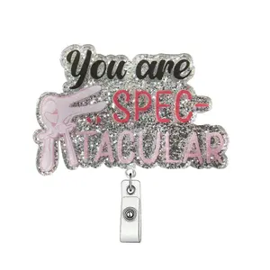 Pink English Letter Design Glitter Badge Holder, Badge Decoration, Acrylic Name Badge Clip, Suitable for Nurses, Jobs, Volunteers, Office Workers
