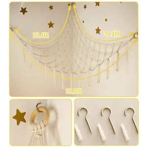 SleekHush 60-in Hand-woven Cotton Rope Triangular Storage Net, Durable Stretchable Easy-to-Install Boho Room Decor, Hangable Wall-mounted Corner Organizer for Toys & Bedroom, Leisure Accessory