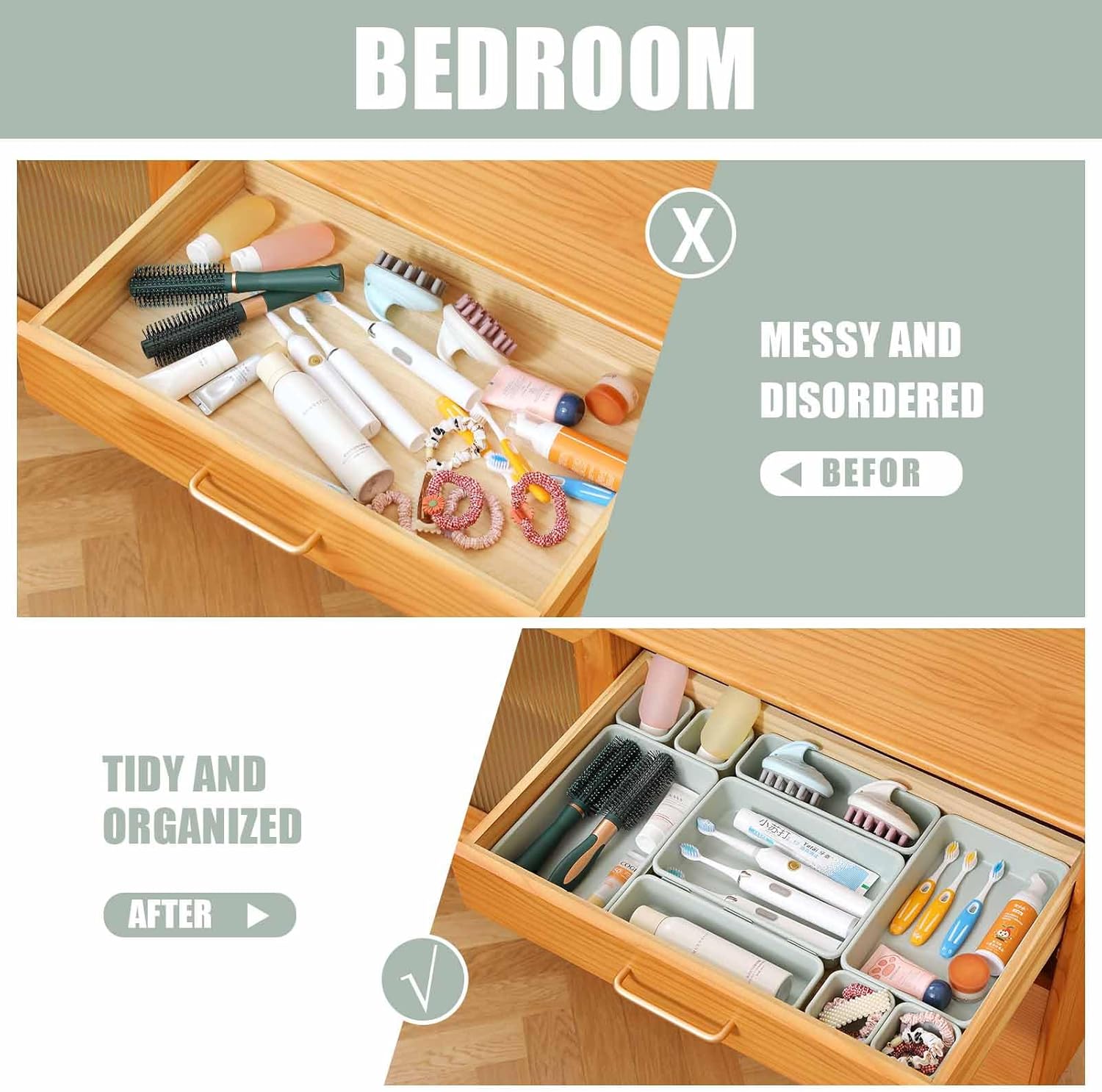 16 Pcs Plastic Drawer Organizer Set 3-Size Versatile Drawer Divider Trays Vanity Storage Bins for Makeup Jewelry Utensils Gadgets Kitchen Bedroom Bathroom Office Green&Purple