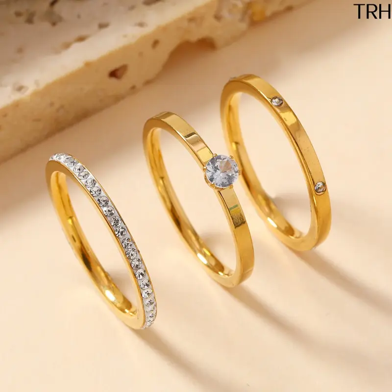 3Pcs Stainless Steel Ring Set for Women, Luxury Paved Crystal Stackable Rings, Dainty Inlaid Zircon Band Rings, Minimalist Finger Rings for Index & Pinky Finger, Versatile Jewelry for Daily Dating Party Wedding Birthday Gift