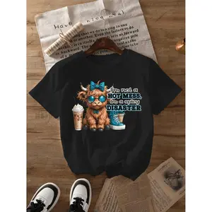[Cute Highland Cow T-Shirt] Plus Size Casual Crew Neck T-Shirt - 100% Polyester Knit Fabric, Slight Stretch, Cute Highland Cow Graphic, Summer Short Sleeve Top, Animal Pattern, 180g/m² - Black