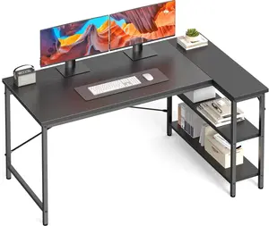 Reversible L-Shaped 47" Computer Desk, Rustic Brown & Black, w/ 2-Tier Storage Shelves, X-Brace Support, Corner Gaming & Office Desk