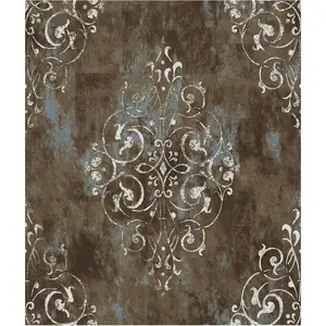 Vintage Peel and Stick Wallpaper Damask Brown/Beige/Teal Vinyl Stick on Wall Paper for Bedroom Home 17.7in x 9.8ft