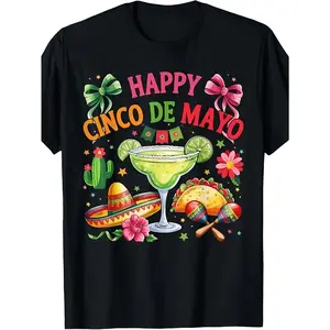 Unisex Cinco De Mayo Graphic T-Shirt, “Happy Cinco De Mayo” Letter Print with Margarita, Taco and Fiesta Elements, Crew Neck Short Sleeve Casual Tee for Men and Women, Party Wear, Holiday Outfit, Gift