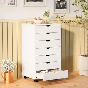 7-Drawer Portable Storage Cabinet on Wheels for Office, Bedroom & Home Organization, White