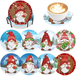 8Pcs Colorful Christmas Gnome 5D Diamond Painting Coasters Set - Non-Slip DIY Needlework Drink Mats with Holder for Christmas Decor