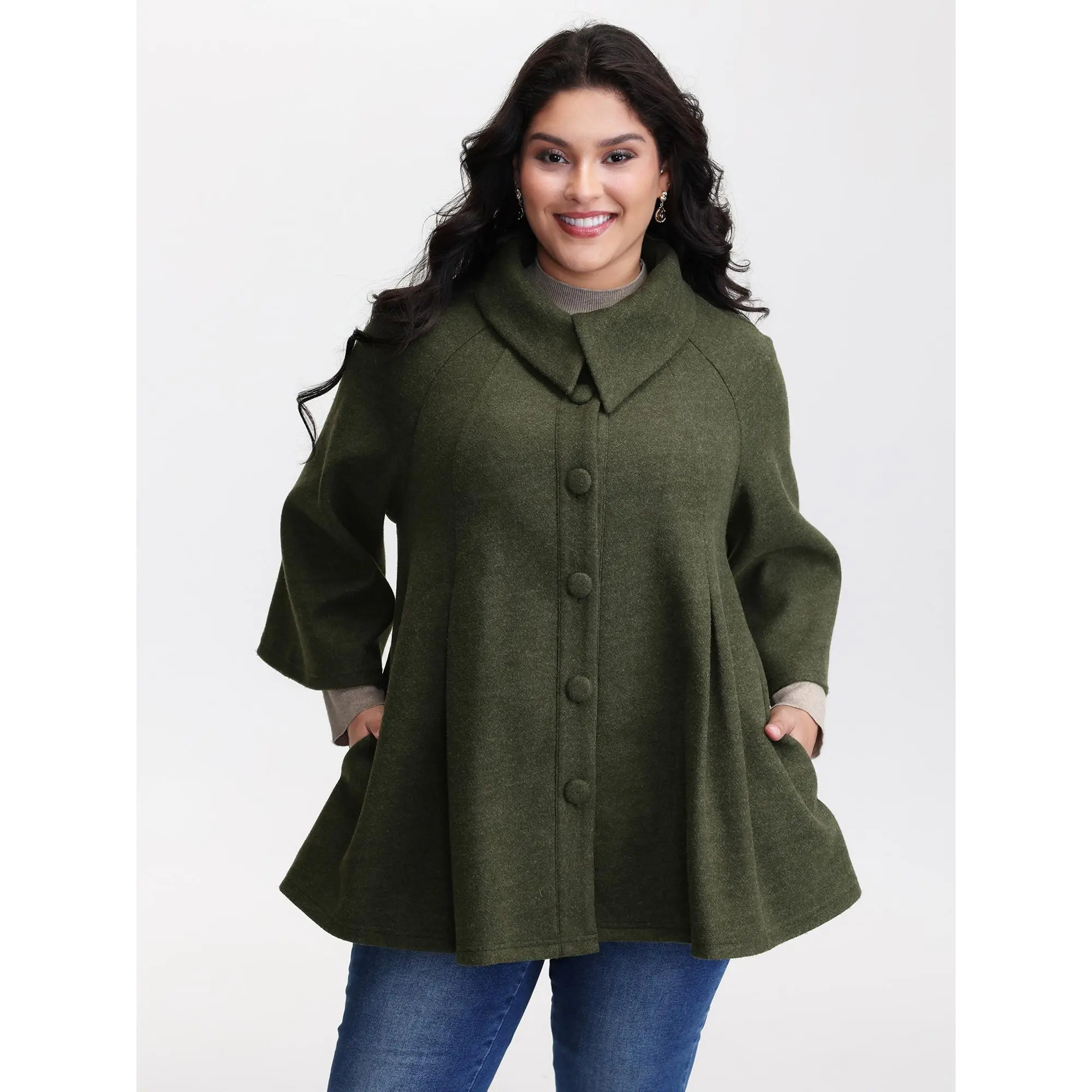 BloomChic Plus Size Army Green A-Line Jacket, Casual Solid Rayon Blend Button-Front with Long Flared Sleeves & Hidden Pocket, Longsleeves, Loose Fit, Plain, Coat, Machine Wash, Solid Army, Tops, Coats, Long Sleeves, Basic, Do Not Tumble Dry