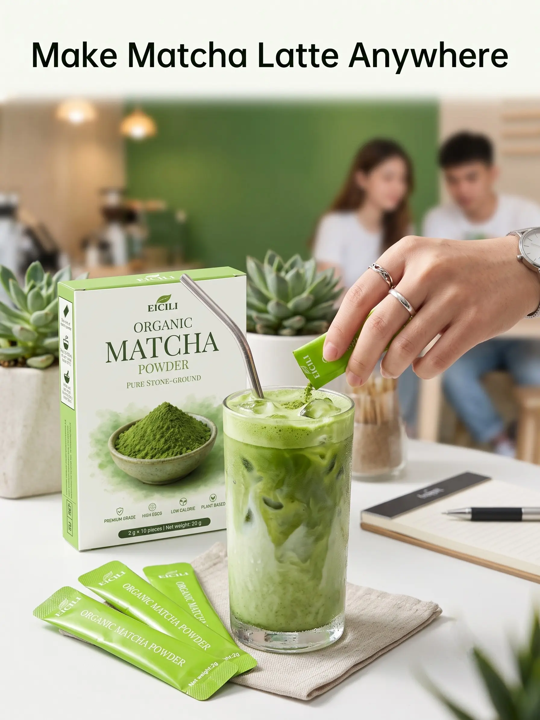 EICILI Ceremonial Style  Green Tea Powder - USDA Organic Premium , Traditional Stone-Ground Smooth Flavor, Single Serve Packets for Daily  Latte Drinks, 10 Count matcha