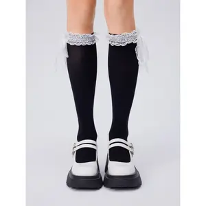 Cider [2 colors, size One Size-One Size] BOWKNOT LACE TRIM VELVET OVER THE CALF SOCKS