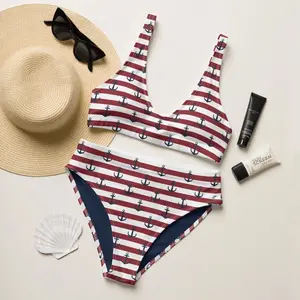 Women Nautical Anchor Red White Stripe Bikini Set Patriotic 4th of July Loose Comfortable High Waist Swimwear Beach Pool Summer Festival Sunbathing Two Piece