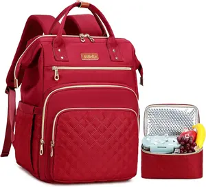 Lunch Backpack for Women, 15.6 Inch Laptop Backpack with Detachable Insulated Cooler Lunch Box, 2-in-1 Water Resistant Work Computer Bag for Nurse Teacher College Commute, Red