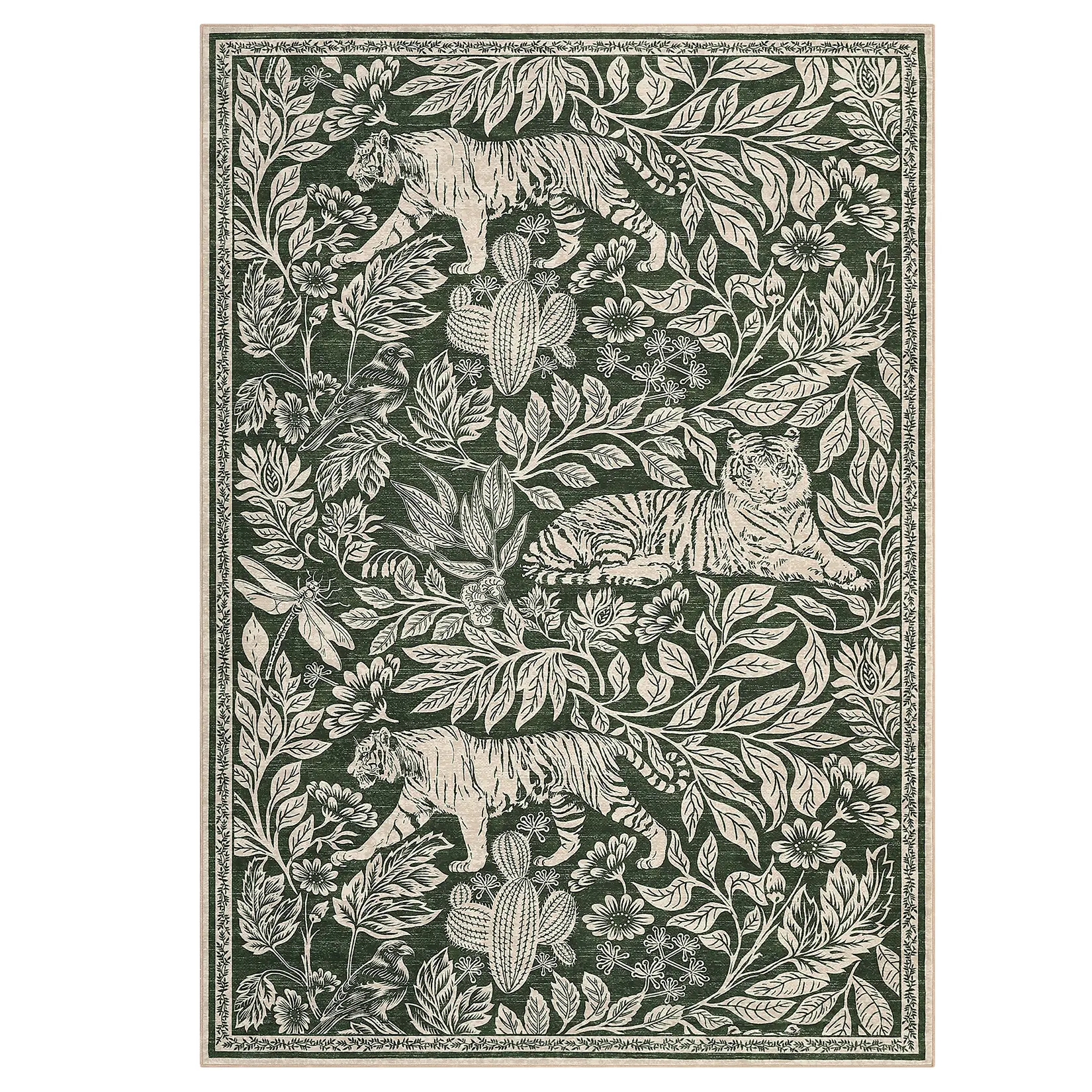 9 x 12 ft Low Pile Polyester Fiber Area Rug - Green Rectangular Forest Tiger Print, Stain-Proof, Puppy-Proof, Rip-Resist, Modern Machine Washable for Living Room, High Traffic Spaces, Low Pile Rug, Puppy-Proof Area Rugs