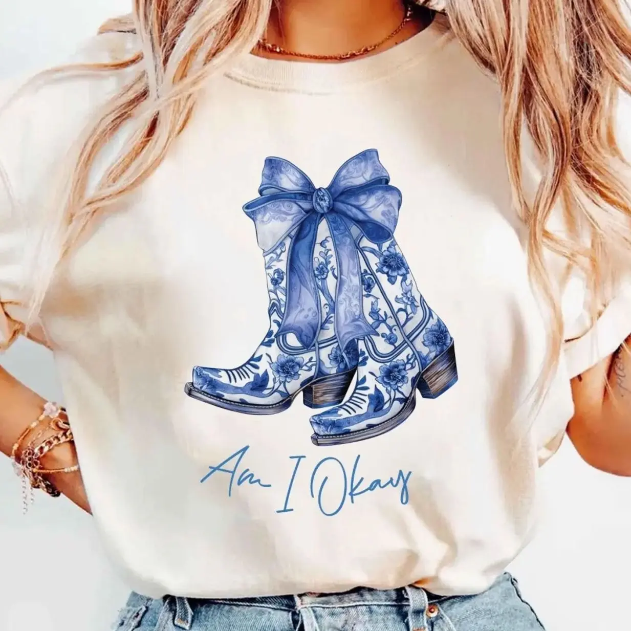 Am I Okay Boot Cowgirl Coquette Bow Women Girl T-Shirt, M3gan Blue Cowgirl Boots, Country Concert Shirt, Boots, God Bless the Girls Shirt