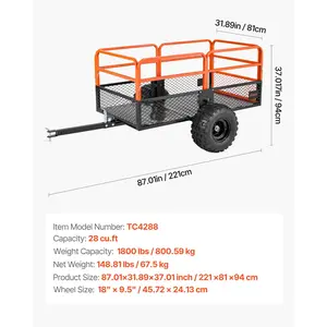 VEVOR Garden Utility Trailer, 28 Cu. Ft. 1800lbs, ATV UTV Trailer, Tow Behind Steel Dump Trailers, Removable Rear Panel, Heavy Duty Pull Behind Yard Trailers for Lawn Mower Tractor Garden Waste