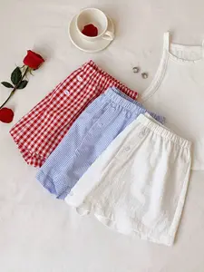 Women's Plaid Striped Knit Shorts Set, Womenswear 3-Piece Casual Fitted Summer Wear, Matching Sets, Casual Outfit Set, Perfect for Beach & Daily, Comfortable All-Season Style