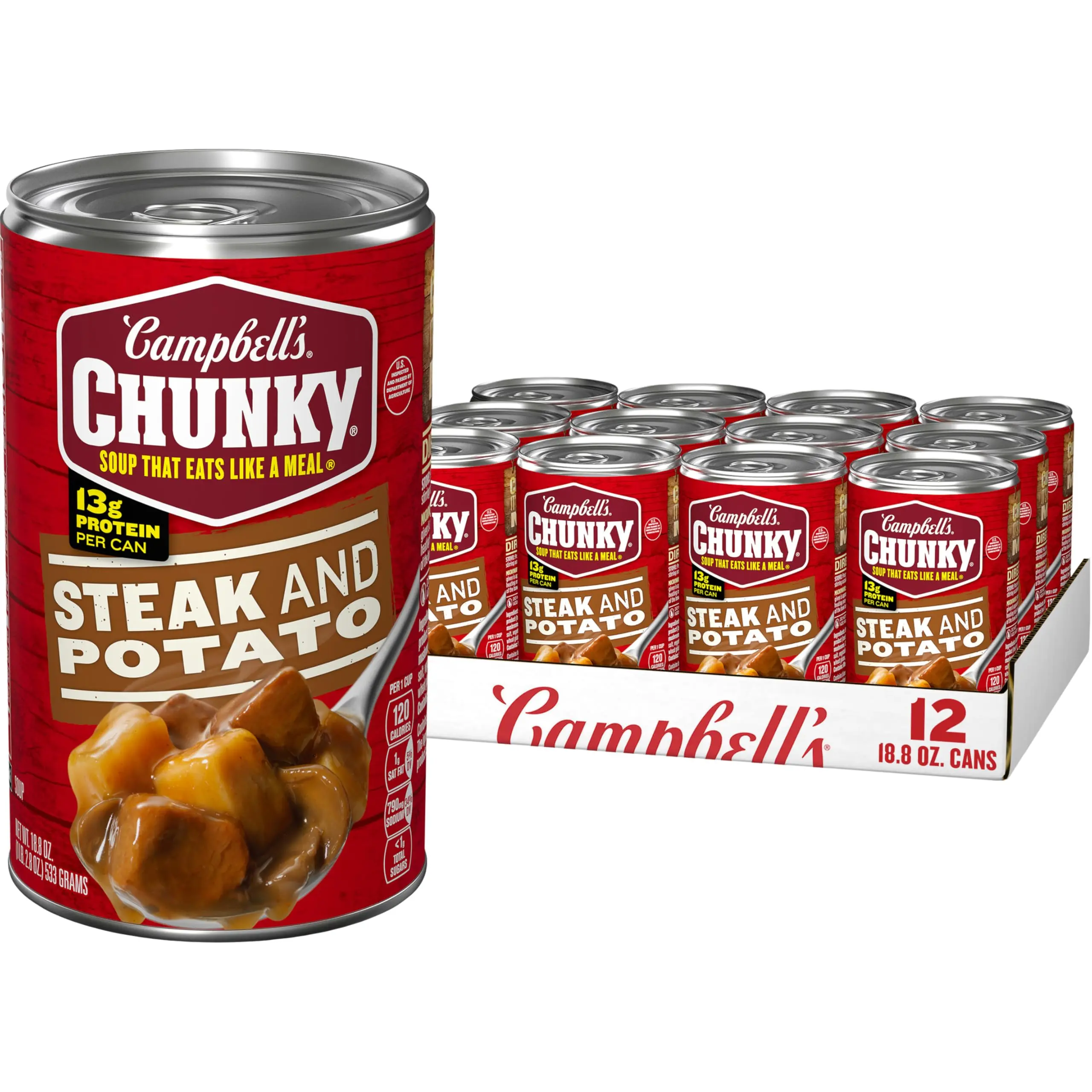 Steak and Potato Soup, Ready to Serve Canned Soup, 12 Pack, Hearty Beef and Vegetable Soup with 13g Protein, 18.8 oz Cans