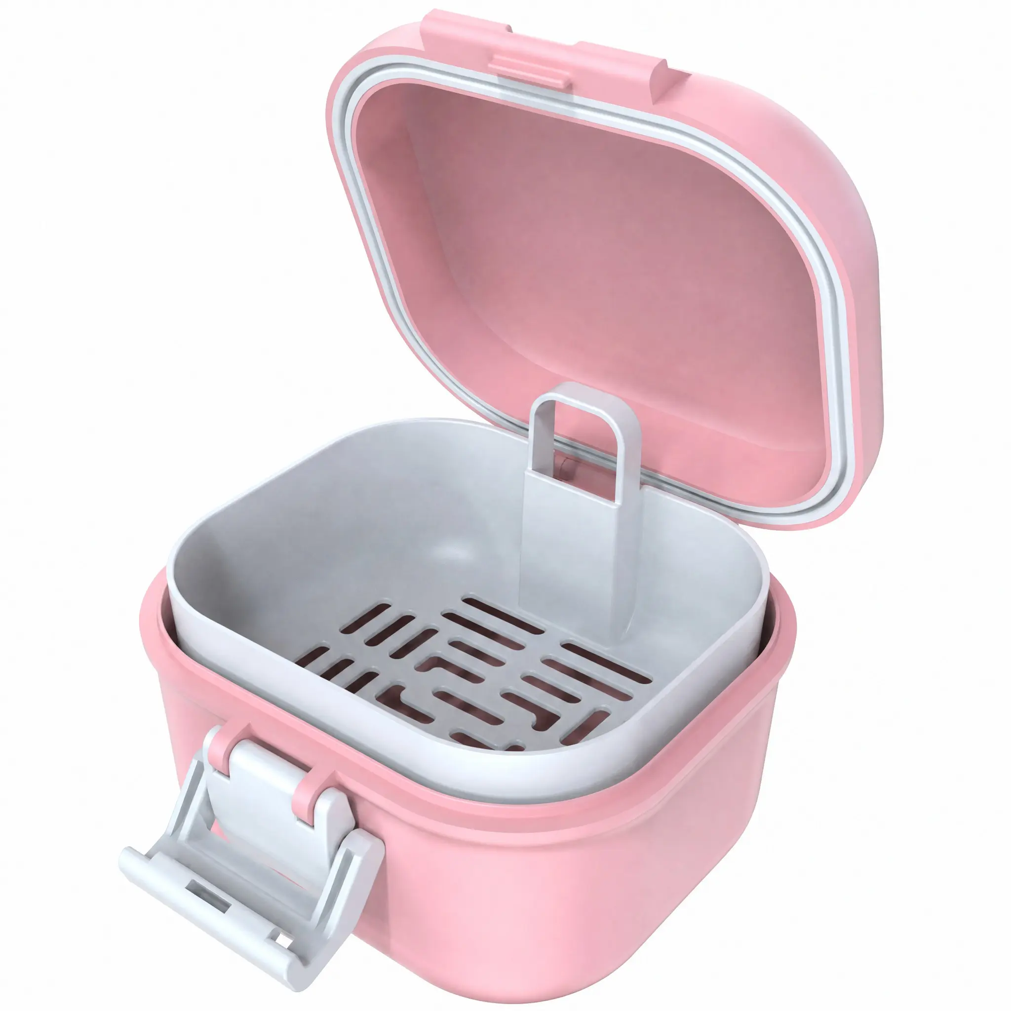 Leak Resistant Denture Bath Cup, Portable Soaking Denture Box, Denture Bath Case with Strainer, for Dentures and Braces (Pink + White)
