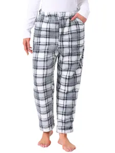 INSPIRE CHIC Women's Fuzzy Fleece Plush Plaid Pajama Pants Winter Warm Lounge Sleepwear with Pockets Bottoms Gray