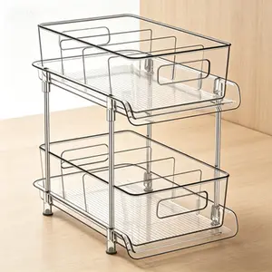 Under Sink Storage Organizer with Dividers, 2 Tier Pull Out Shelf for Bathroom Kitchen Pantry, Clear Slide Out Drawer for Cabinet Medicine Cabinet, Heavy Duty Plastic Adjustable Rack