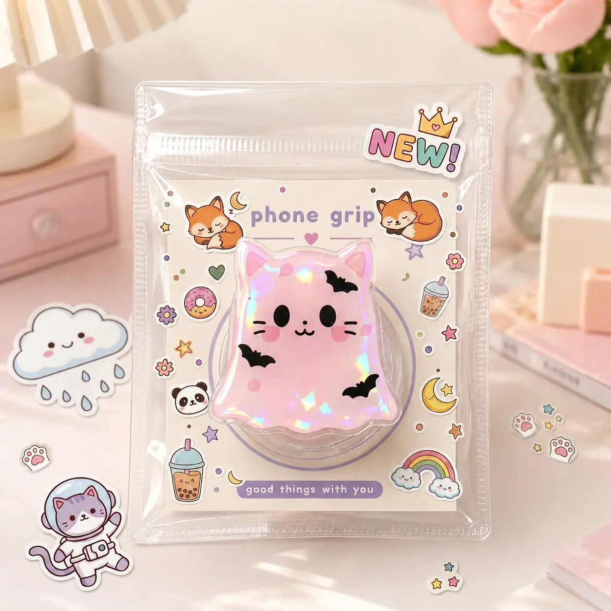 Cute Ghost Cat Phone Grip Holder Kawaii Pink Bat Halloween Spooky Expanding Stand Aesthetic Phone Accessories Gift for Her Cat Lovers Teen Girls
