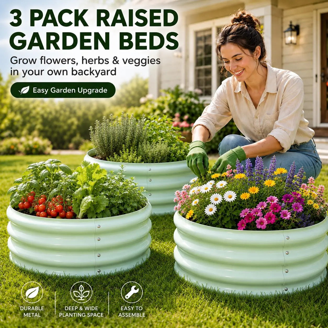 3 Pack Raised Garden Beds for Flowers Herbs & Veggies Durable Metal Deep Wide Planting Space Easy to Assemble Backyard Upgrade planter