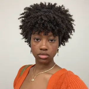Afro Headband Wig Kinky Curly Headband Wig with Bangs 2 in 1 Wig Black Afro Puff Wigs for Women High Puff With Bangs Wrap strap Synthetic Half Wigs