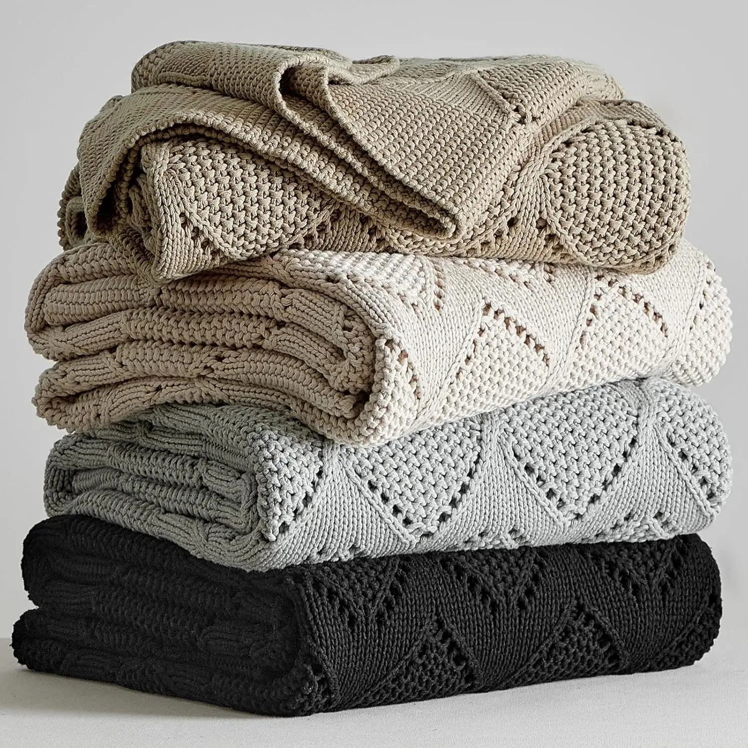 100% Cotton Chunky Knit Throw Blanket - 51x63 in Beige, Durable French Country Home Decor for Couch, Bed, Reading Nook, Movies & TV Lounging (Solo, Couple), Breathable, Machine Washable with Laundering Bag