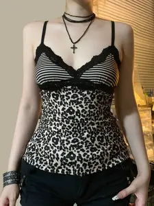 Women's Y2K Striped Leopard Lace Splicing V-Neck Sleeveless Top, Vintage Casual Summer Women's Vest, Sexy Ladies' Backless Blouse