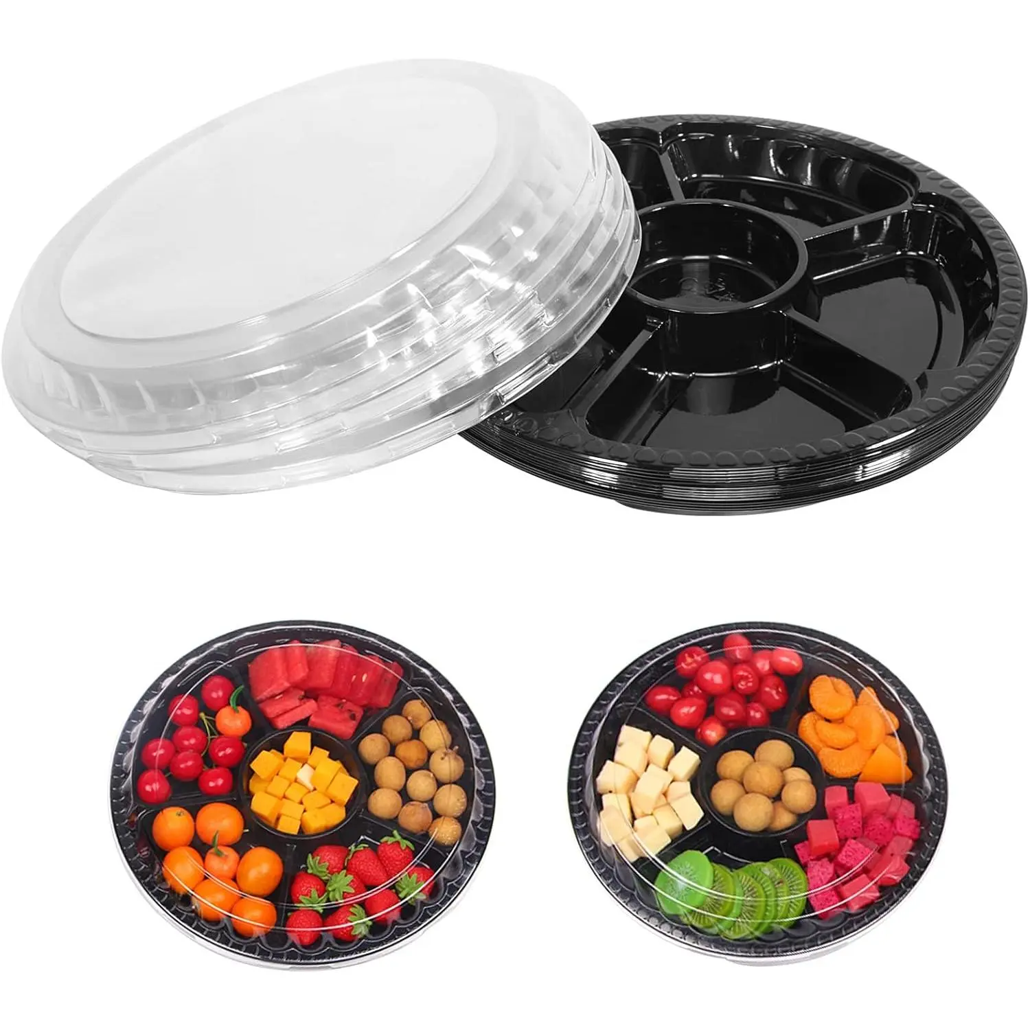 10 Pcs Round Plastic Appetizer Tray with Lid Divided Serving Tray, Disposable Food Storage Containers, Plastic Tray Storage, Kids Snack, Fruit Platter Vegetable Trays for Party and Buffet