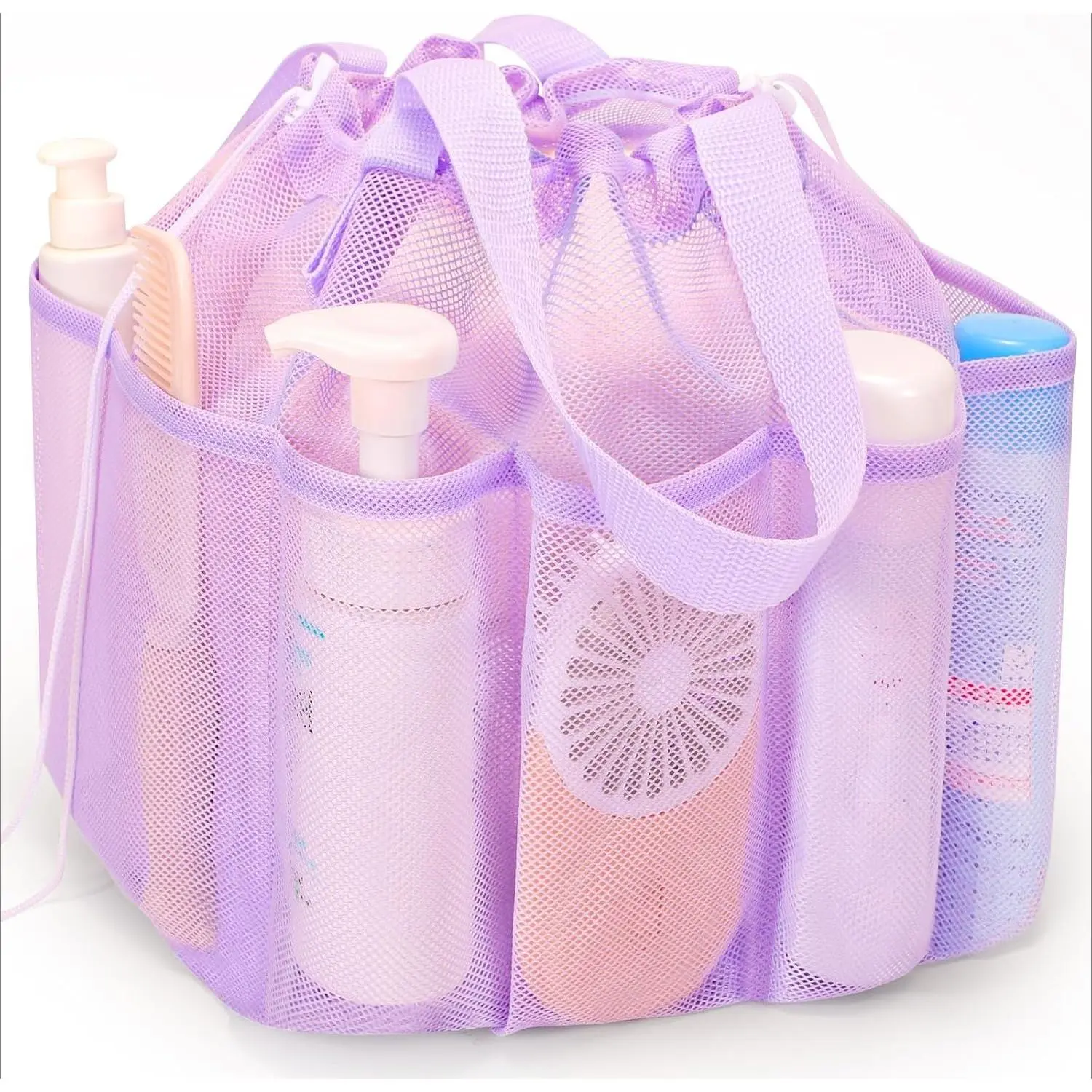 X-BS06 Water Resistant Eco-Friendly Mesh Shower Caddy with Drawstring, Home Supplies Mesh Holder for College Students, Camping - Purple Shower Storage Bag