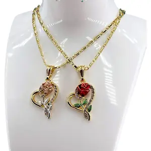 14k Gold Plated Rose and Heart Necklace 22 Inch Chain Unique Jewelry Gift for Special Occasions