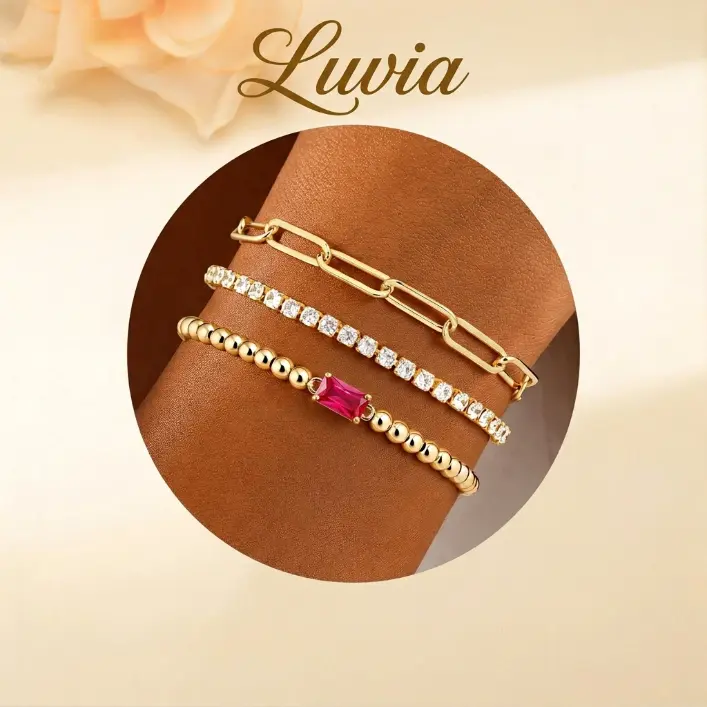 3 Pcs 14K Gold Plated Stacking Bracelet Set for Women, Sparkling CZ Tennis Chain Paperclip Link Bracelet, Personalized Emerald Cut Birthstone Jewelry Gift