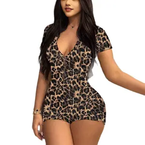 Women's Leopard Print Short-Sleeve V-Neck Tight Butt-Lifting Jumpsuit, Summer New Sports & Outdoor Clothes