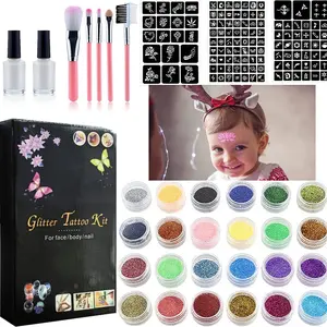 Cartoon Glitter Tattoo Kit Semi-Permanent Small Tattoos Colorful Templates Stage Glitter Makeup, Cartoon Flash Powder Tattoo Set, Temporary Body Art, Shimmer Glitter Pigment