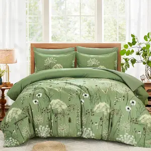 7 count Sage Green Floral Comforter Set  Size, Dandelion  Botanical Comforter Bedding Set, Bed in a Bag , Soft Microfiber Complete Bedding Set with Sheets for  Season