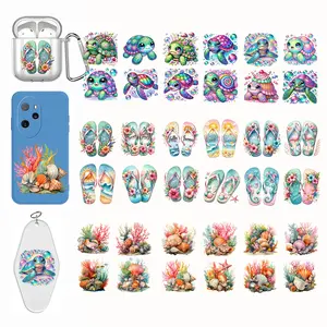 36pcs Mixed Styles UV DTF Cup Wraps: 3 Designs Include Beach Cake Colorful Turtles, Flower Leaf Slipper, and Seashell & Coral Flower - Waterproof Rub on Transfer Stickers for DIY Crafts on Glass Cups, Water Bottles, Laptops, Wood, Furniture, and More.