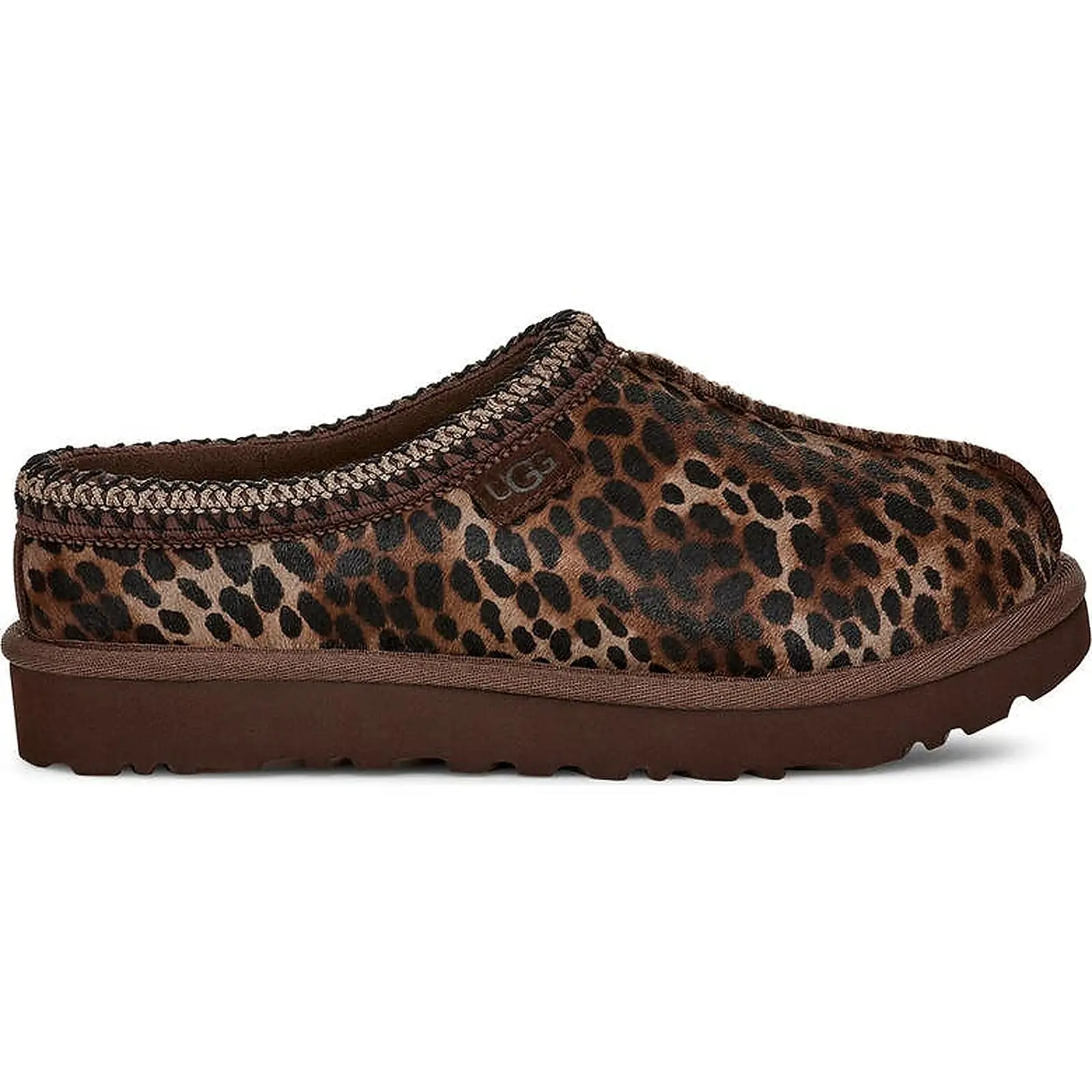 UGG Women's Authentic Tasman Slipper-Sneakers Slide Footwear - 1158350-BCDR Burnt Cedar Brown, Caspian Leopard Print Calf Hair, Braided Fur, Fuzzy Cozy Shoe