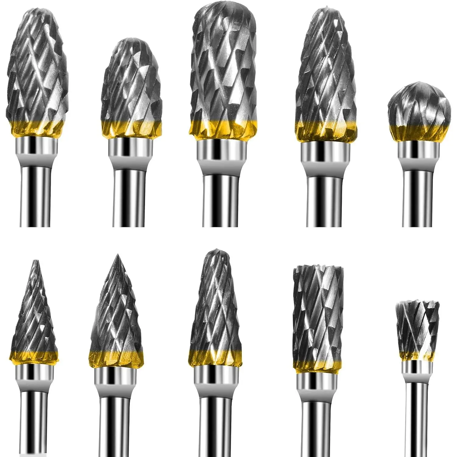 Tungsten Carbide Rotary Burr Set, 10-Count Double Cut Bits with 1/8" Shank Mount, 1/4" Grinding Size, HRC70 Hardness for DIY Carving, Metal Polishing & Sports Strength Training Equipment Maintenance