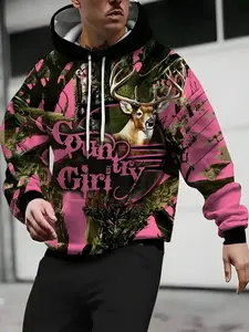 Men's Country Girl Hoodie, Camo Deer Design, Soft Polyester Pullover with Pockets, Casual Outdoor Wear, Comfortable Fit