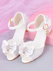 Girls' sandals with bow and white children's princess high heels