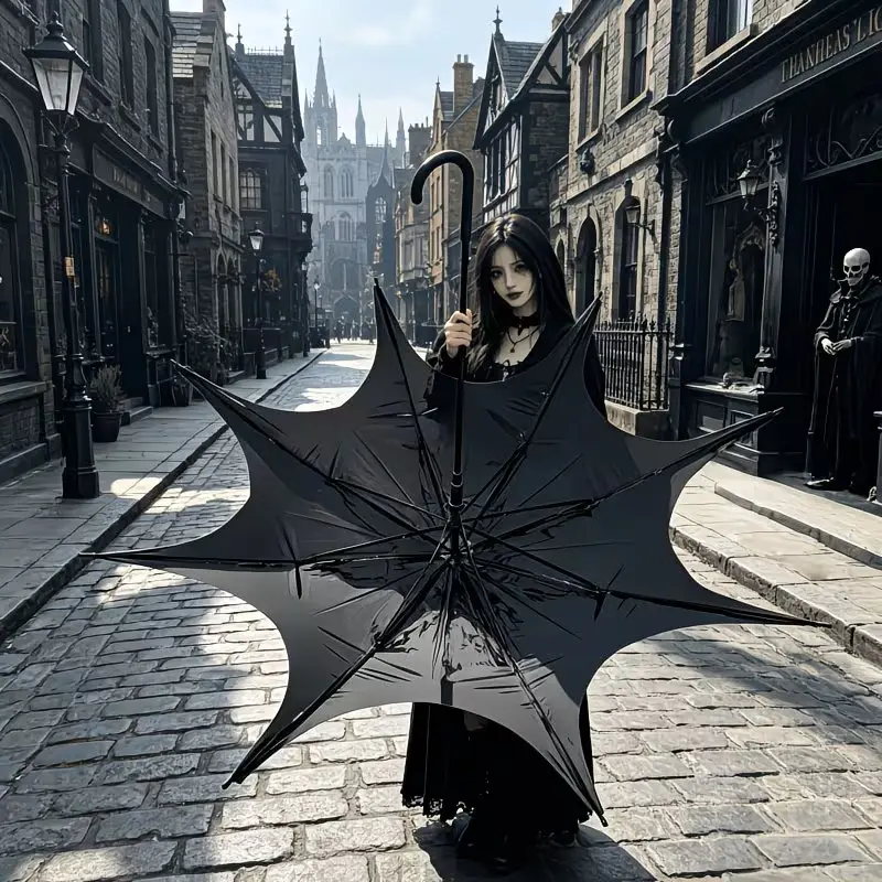 Halloween bat-wing automatic open/close long-handled umbrella — automatic open/close, sun protection, waterproof, suitable for Gothic and punk styles, can be used as a Christmas gift, Halloween item, daily use, and outdoor accessory
