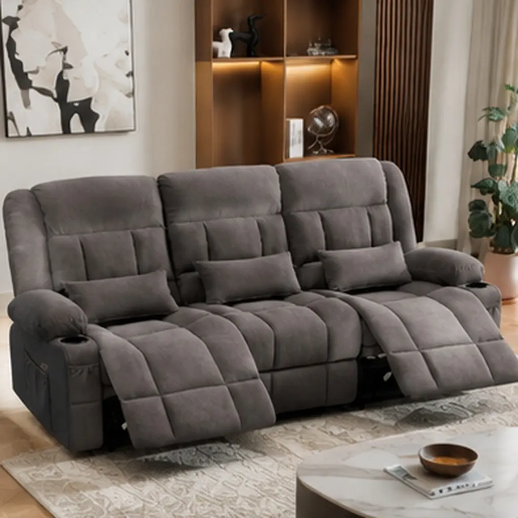 84" Manual Reclining Sofa 3 Seat Recliner Couch with Cup Holders Side Pockets Storage Lumbar Pillow Breathable Fabric Living Room Home Theater Oversized Comfy Sofa Multiple Color Options, Blue/Brown/Grey Color Options, Metal Material