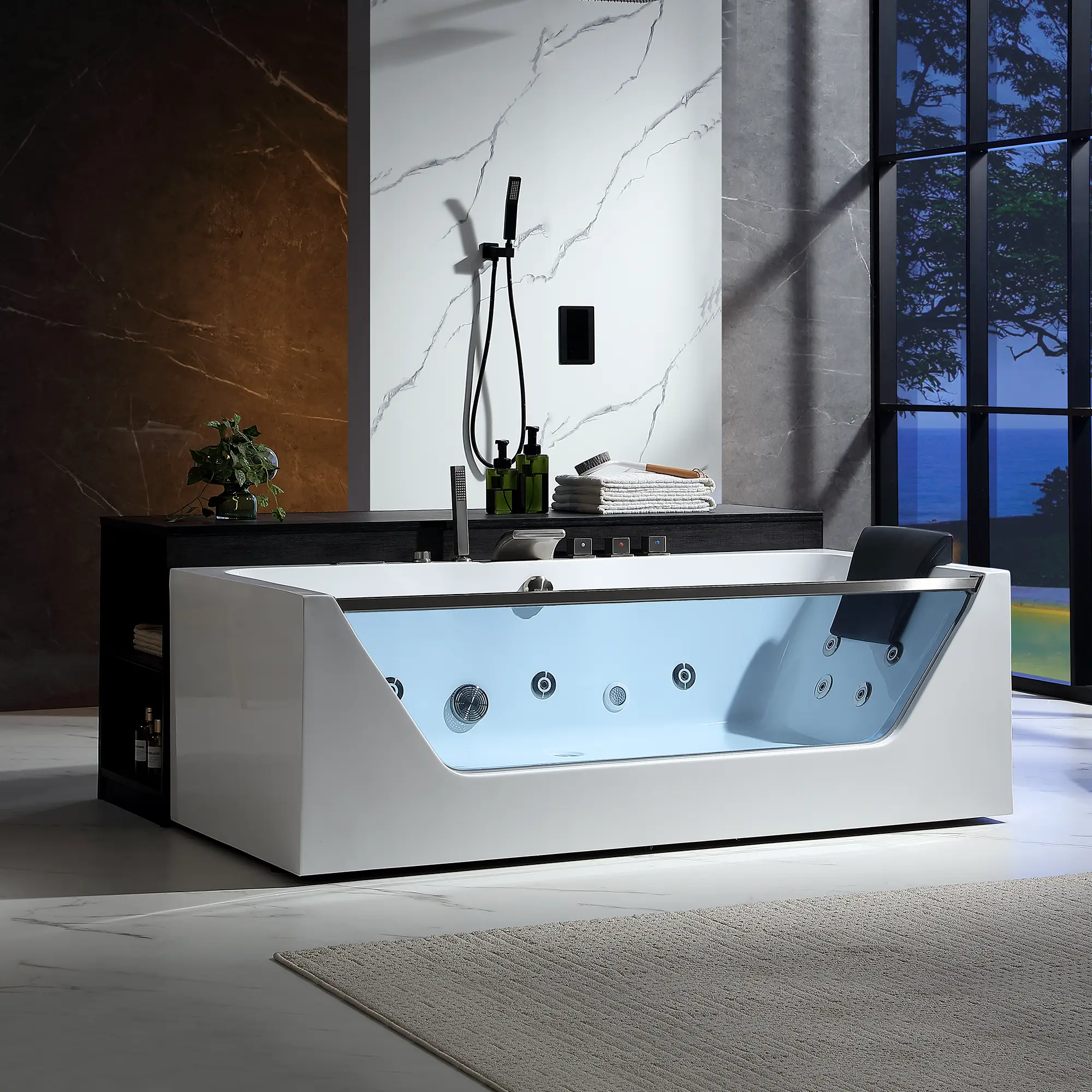 Empava 71-inch Alcove Jetted Soaking Bathtub with Inline Heater, LED Lights, and Glass Panel, 71 Inches