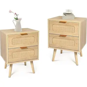 LAZZO Nightstand Set of 2 with Rattan Drawer, Modern Night Stand for Bedrooms, Wooden 1/2 Drawer Bedside Table Side Table for Small Place Living Room and Bedroom of Home decor